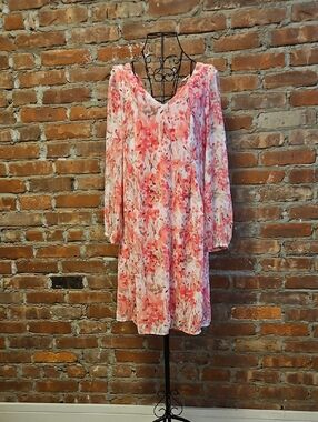 INC International Concepts Pink Floral V-Neck Long Sleeve Dress